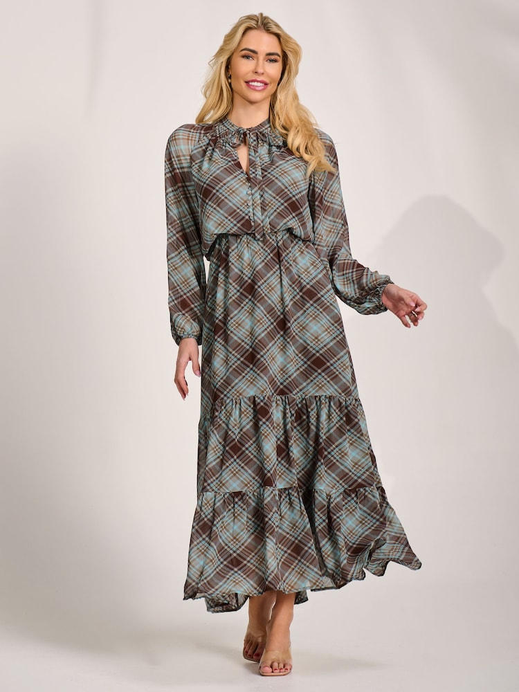 Jolie Moi Brown Chiffon Long Sleeve Tiered Maxi Dress - Image 6 of 6