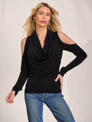 أسود - Jolie Moi Cowl Neckline Cold Shoulder Jersey Top - Image 1 of 6