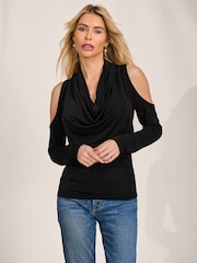 أسود - Jolie Moi Cowl Neckline Cold Shoulder Jersey Top - Image 5 of 6