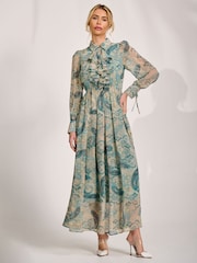 Jolie Moi Blue Long Sleeve Ruffle Chiffon Shirt Maxi Dress - Image 1 of 6