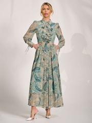 Jolie Moi Blue Long Sleeve Ruffle Chiffon Shirt Maxi Dress - Image 4 of 6