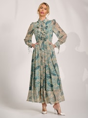 Jolie Moi Blue Long Sleeve Ruffle Chiffon Shirt Maxi Dress - Image 6 of 6