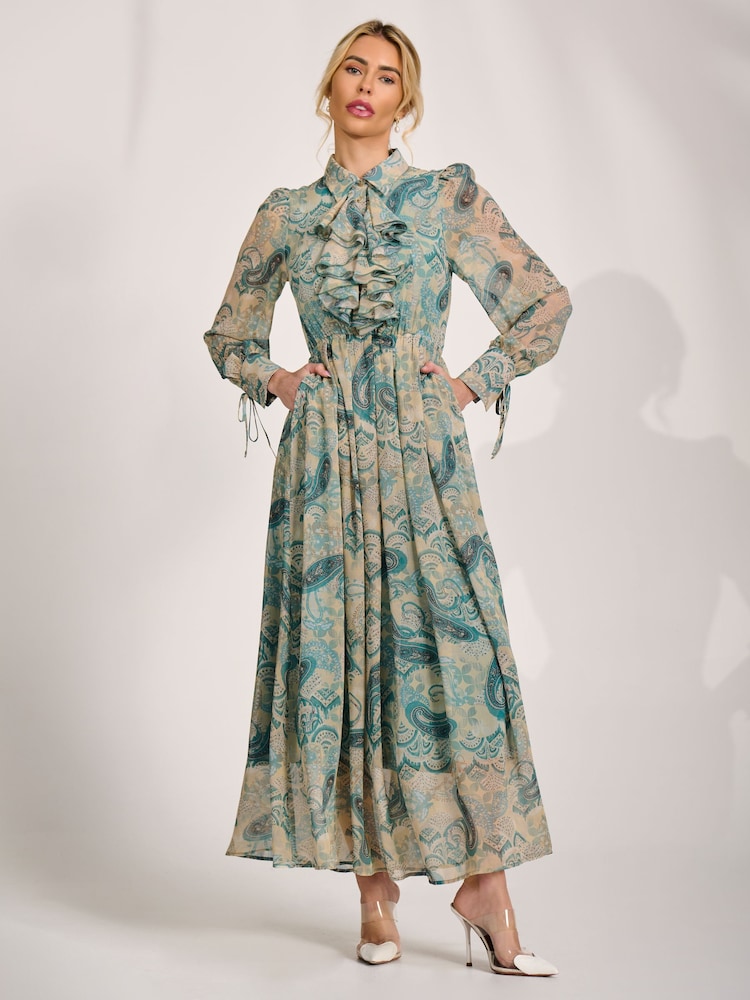 Jolie Moi Blue Long Sleeve Ruffle Chiffon Shirt Maxi Dress - Image 6 of 6