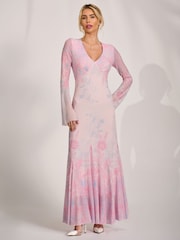 Jolie Moi Pink Long Sleeve Godet Mesh Maxi Dress - Image 1 of 6