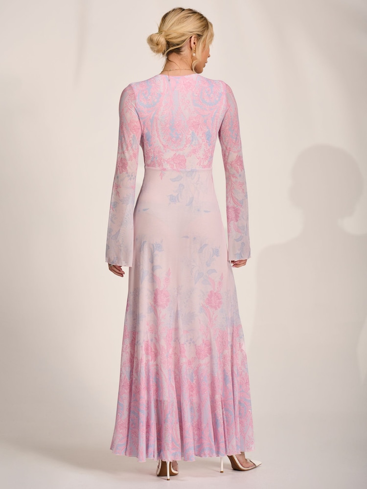 Jolie Moi Pink Long Sleeve Godet Mesh Maxi Dress - Image 2 of 6 Jolie Moi Pink Long Sleeve Godet Mesh Maxi Dress - Image 2 of 6