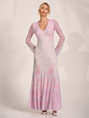 Jolie Moi Pink Long Sleeve Godet Mesh Maxi Dress - Image 4 of 6