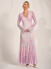 Jolie Moi Pink Long Sleeve Godet Mesh Maxi Dress - Image 5 of 6