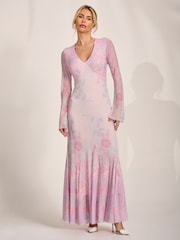 Jolie Moi Pink Long Sleeve Godet Mesh Maxi Dress - Image 6 of 6