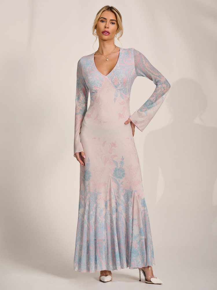 Jolie Moi Blue Long Sleeve Godet Mesh Maxi Dress - Image 1 of 6 Jolie Moi Blue Long Sleeve Godet Mesh Maxi Dress - Image 1 of 6