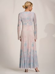 Jolie Moi Blue Long Sleeve Godet Mesh Maxi Dress - Image 2 of 6