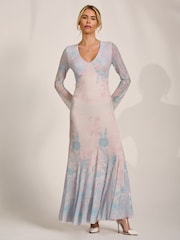 Jolie Moi Blue Long Sleeve Godet Mesh Maxi Dress - Image 4 of 6
