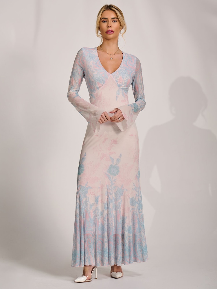 Jolie Moi Blue Long Sleeve Godet Mesh Maxi Dress - Image 6 of 6 Jolie Moi Blue Long Sleeve Godet Mesh Maxi Dress - Image 6 of 6