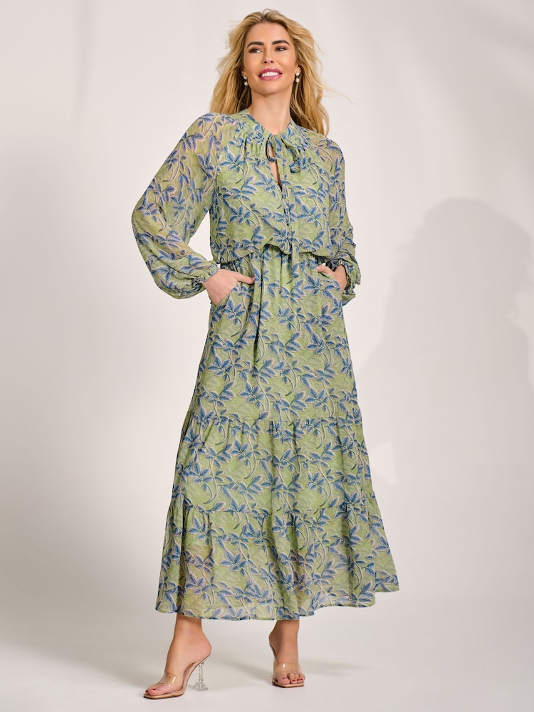 Jolie Moi Green Chiffon Long Sleeve Tiered Maxi Dress - Image 1 of 6