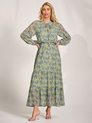 Jolie Moi Green Chiffon Long Sleeve Tiered Maxi Dress - Image 5 of 6