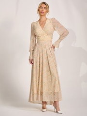 Jolie Moi Yellow Long Sleeve V-Neck Mesh Maxi Dress - Image 1 of 6