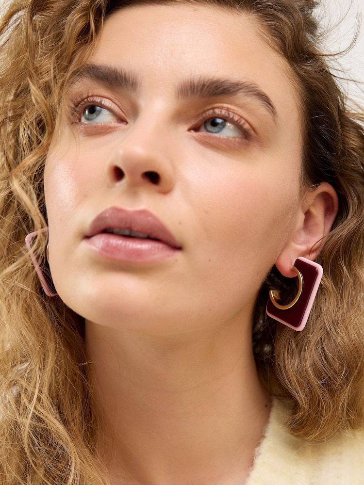 Oliver Bonas Pink Fuchsia Square Resin Hoop Earrings - Image 2 of 5