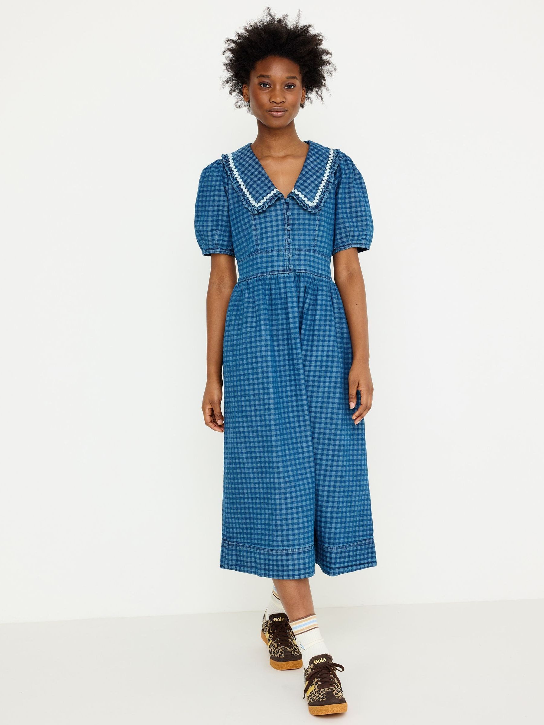Buy Oliver Bonas Blue Denim Gingham Collar Midi Dress from the