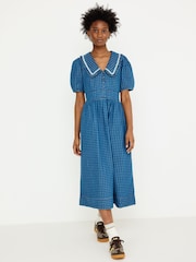 Oliver Bonas Blue Denim Gingham Collar Midi Dress - Image 1 of 7