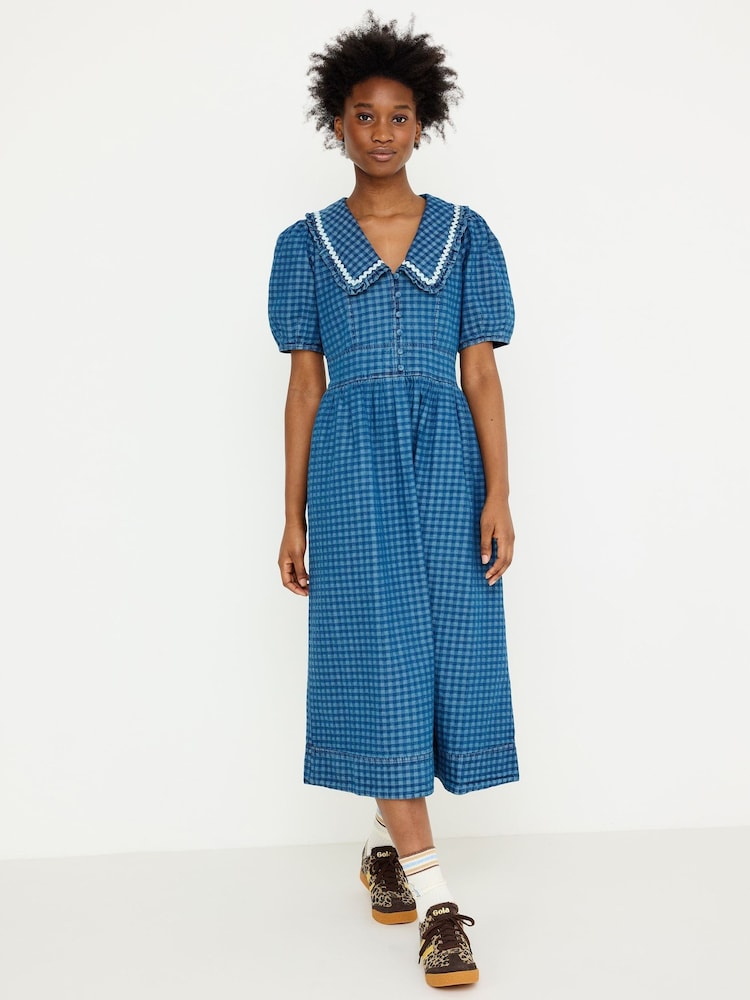 Oliver Bonas Blue Denim Gingham Collar Midi Dress - Image 1 of 7