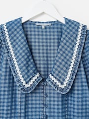 Oliver Bonas Blue Denim Gingham Collar Midi Dress - Image 5 of 7