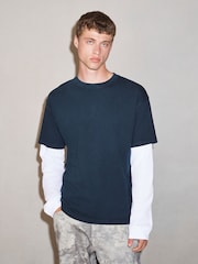 Navy Long Sleeve Edit T-Shirt with Mock Layer - Image 2 of 7