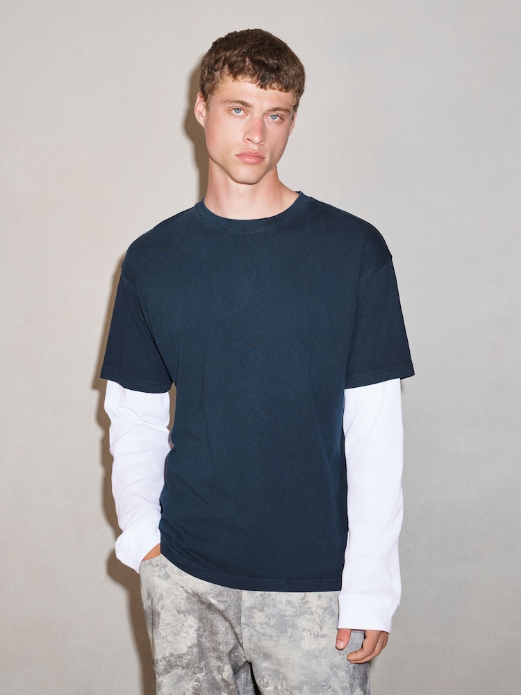 Navy Long Sleeve Edit T-Shirt with Mock Layer - Image 2 of 7