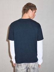 Navy Long Sleeve Edit T-Shirt with Mock Layer - Image 3 of 7