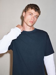 Navy Long Sleeve Edit T-Shirt with Mock Layer - Image 4 of 7