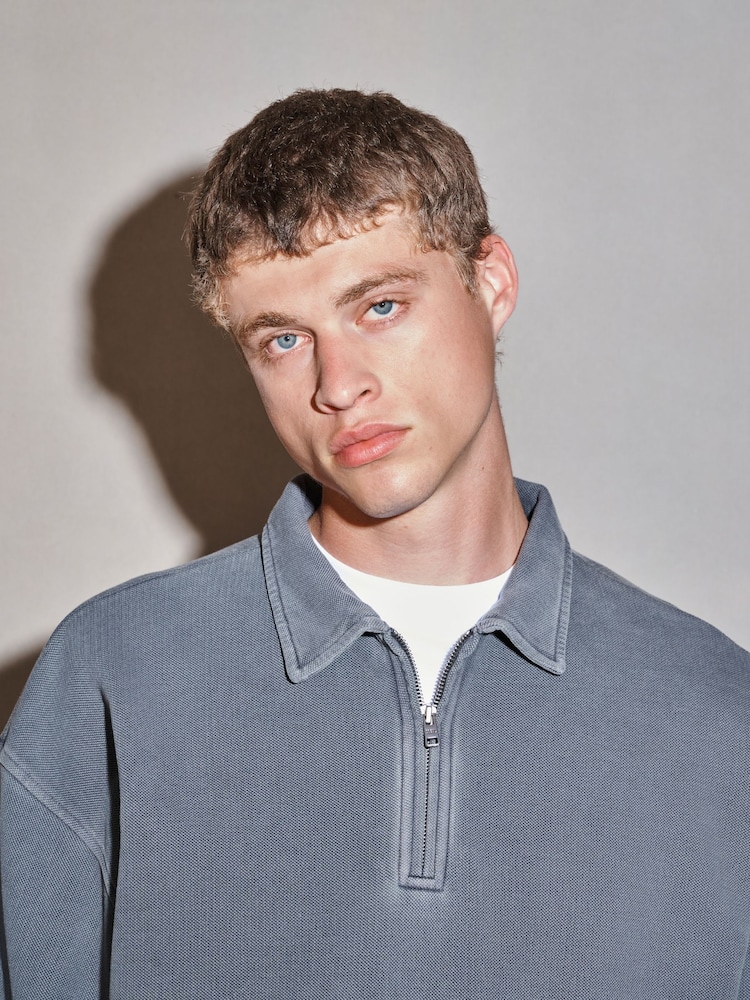Grey EDIT Heavyweight Boxy Fit Long Sleeve Polo Shirt - Image 1 of 8