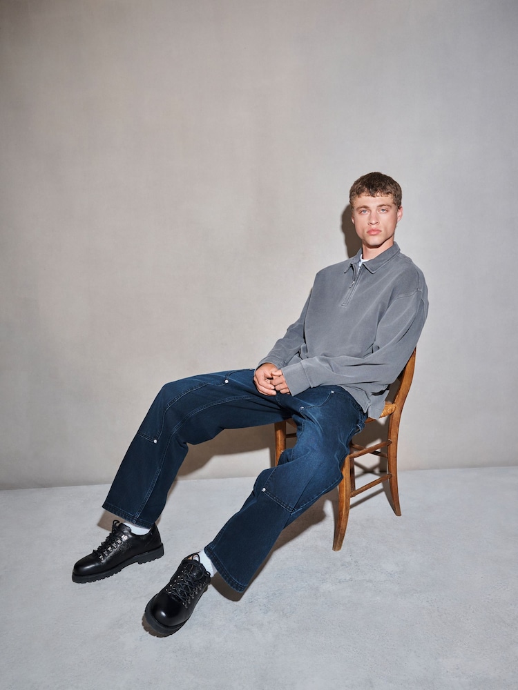Grey EDIT Heavyweight Boxy Fit Long Sleeve Polo Shirt - Image 2 of 8