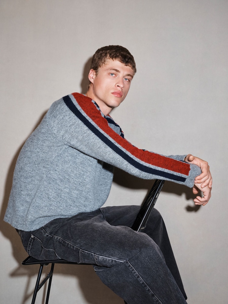 Grey EDIT Relaxed Fit Overarm Stripe Crew Neck Jumper with Wool - Image 1 of 8 Grey EDIT Relaxed Fit Overarm Stripe Crew Neck Jumper with Wool - Image 1 of 8