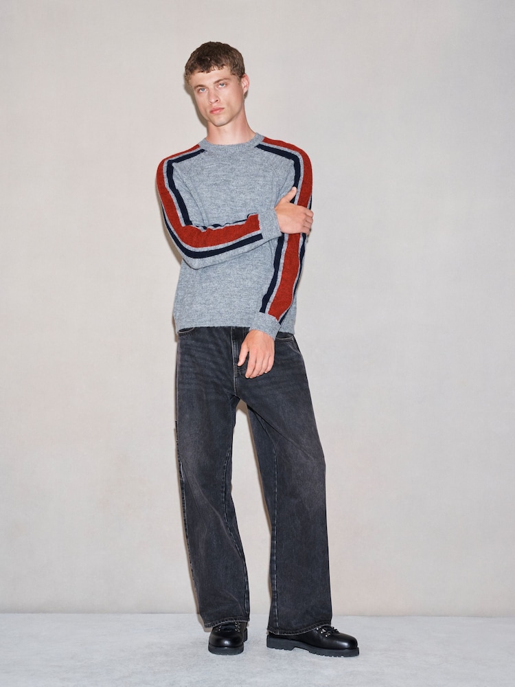 Grey EDIT Relaxed Fit Overarm Stripe Crew Neck Jumper with Wool - Image 2 of 8 Grey EDIT Relaxed Fit Overarm Stripe Crew Neck Jumper with Wool - Image 2 of 8