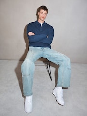 Navy EDIT Heavyweight Boxy Fit Long Sleeve Polo Shirt - Image 1 of 7