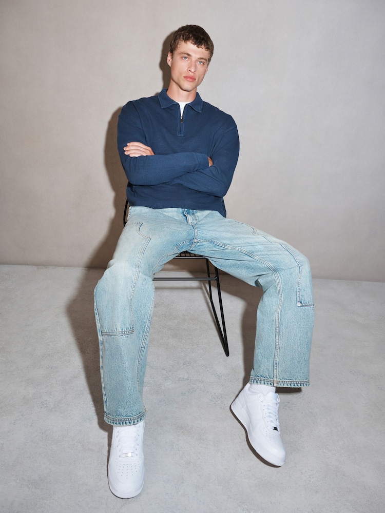 Navy EDIT Heavyweight Boxy Fit Long Sleeve Polo Shirt - Image 1 of 7