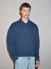 Navy EDIT Heavyweight Boxy Fit Long Sleeve Polo Shirt - Image 2 of 7