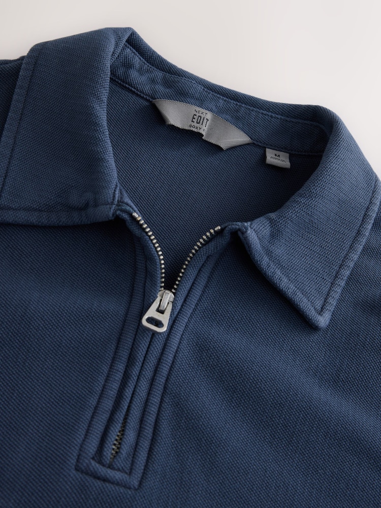 Navy EDIT Heavyweight Boxy Fit Long Sleeve Polo Shirt - Image 7 of 7