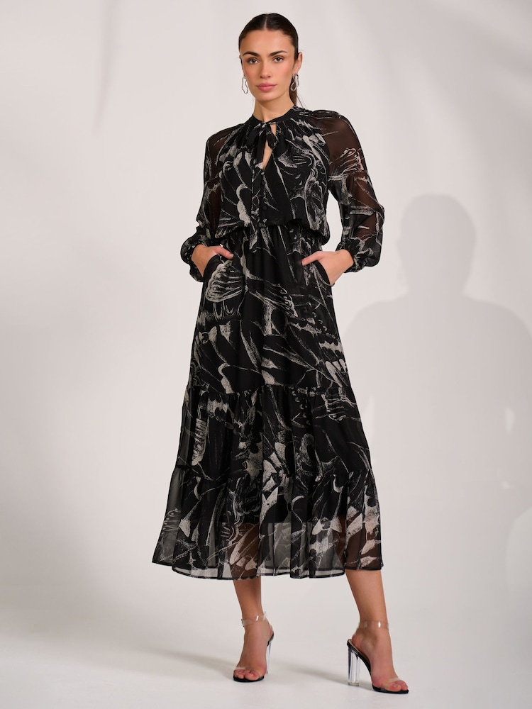 Jolie Moi Black Chiffon Long Sleeve Tiered Maxi Dress - Image 1 of 6