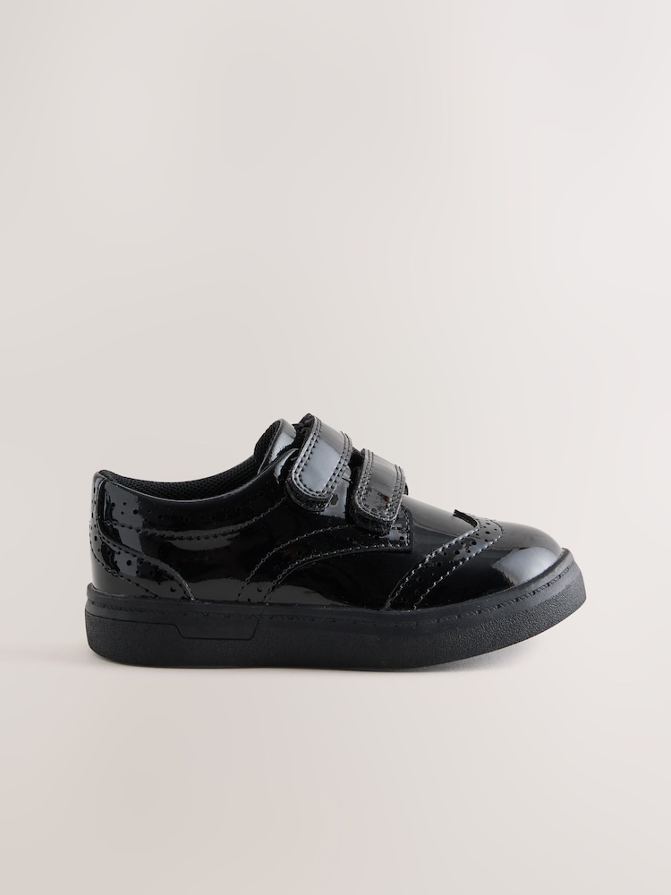 Black Patent Standard Fit (F) Touch Fastening Brogue Shoes - Image 2 of 5 Black Patent Standard Fit (F) Touch Fastening Brogue Shoes - Image 2 of 5