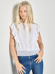 Apricot White Ruffle Embroidered Cotton Top - Image 1 of 4