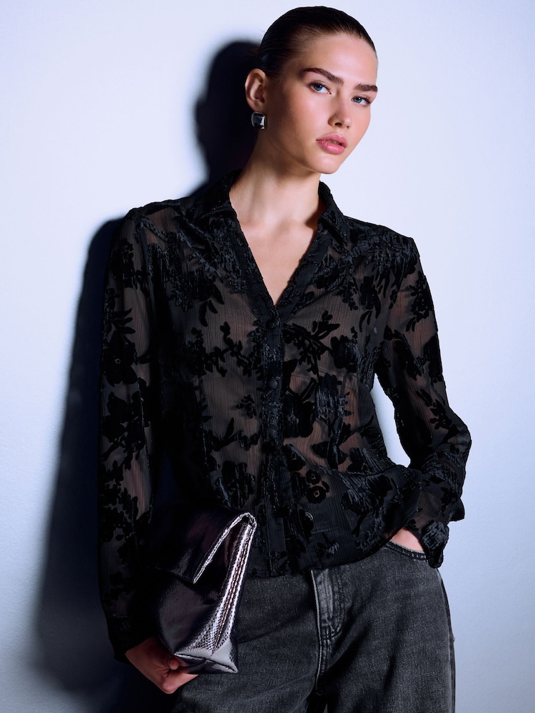 Black Flocked Velvet Floral V-Neck Long Sleeve Shirt - Image 1 of 4