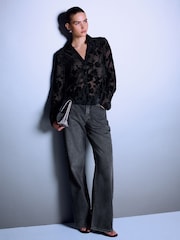 Black Flocked Velvet Floral V-Neck Long Sleeve Shirt - Image 2 of 4