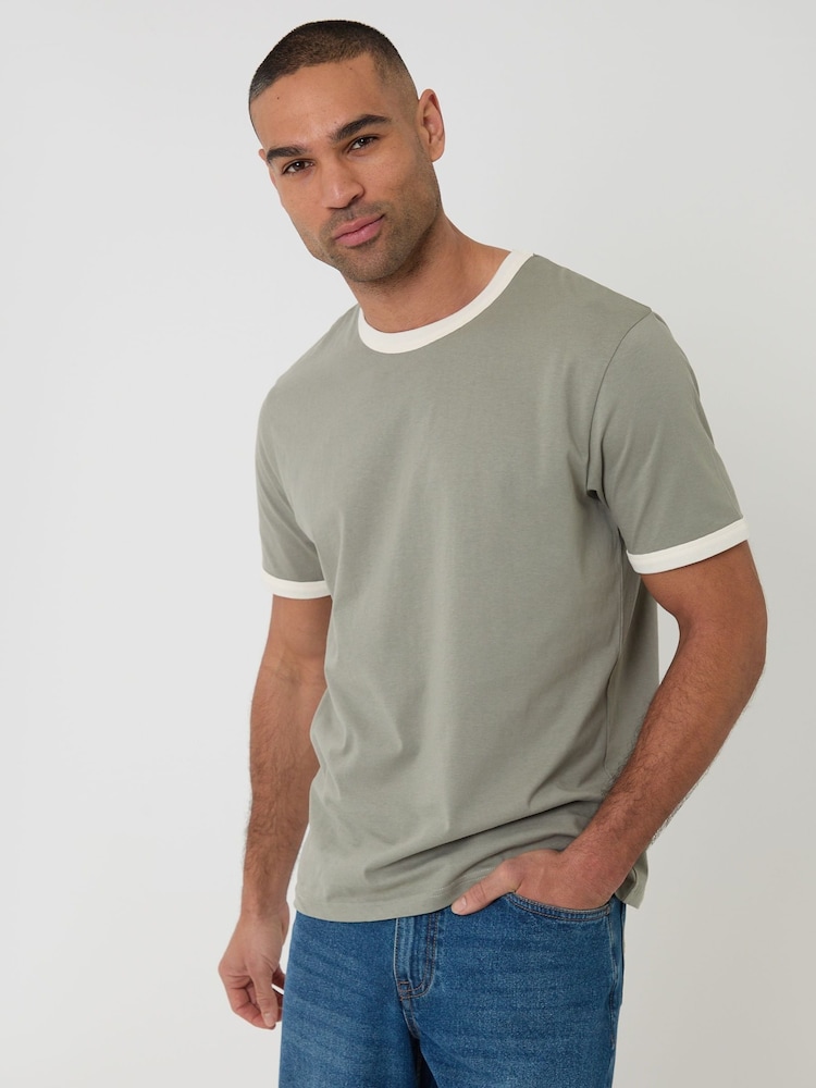 Threadbare Green Cotton Ringer T-Shirt - Image 1 of 4