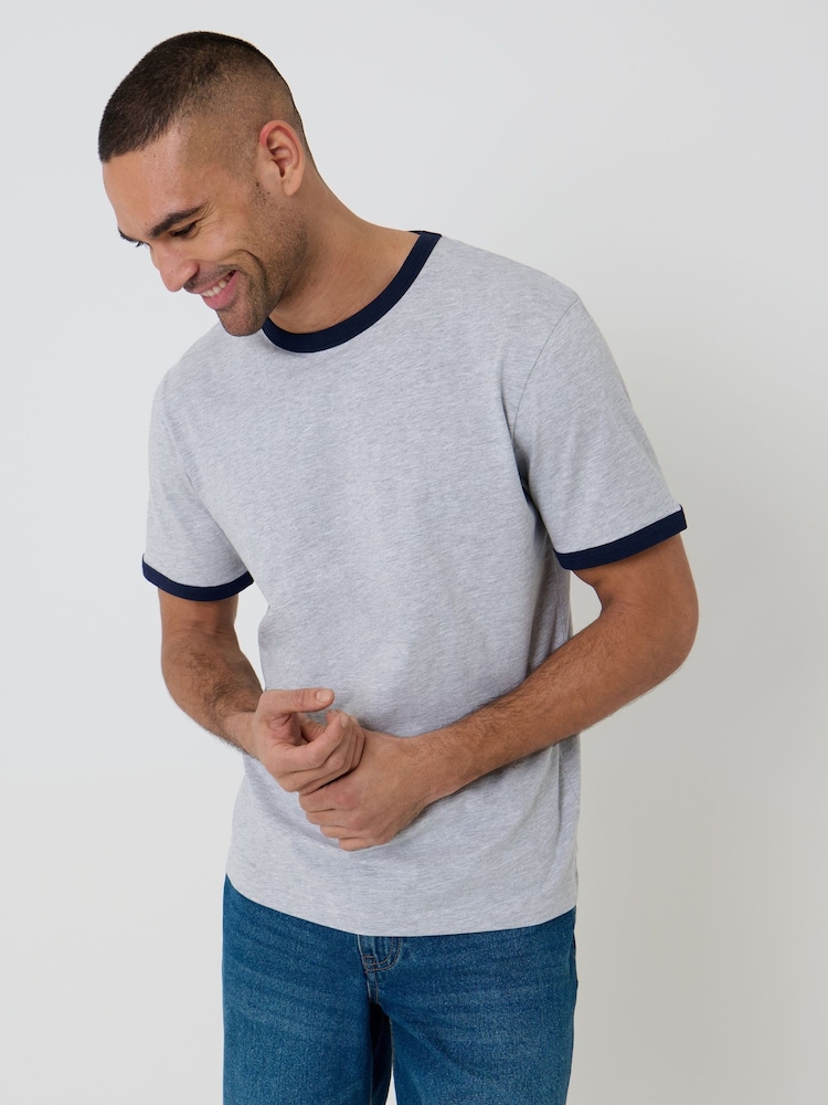 Threadbare Grey Cotton Ringer T-Shirt - Image 1 of 4