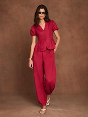 Mint Velvet Red Linen Peplum Top - Image 3 of 7