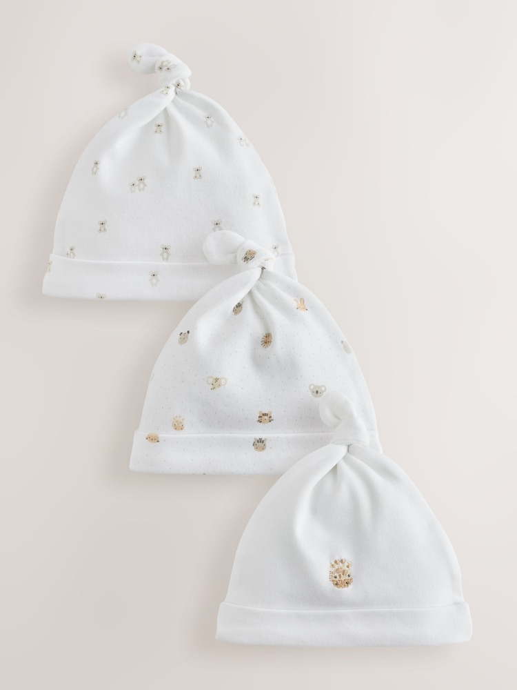 White Mini Safari Animals Tie Top Baby Hats 3 Pack (0-12mths) - Image 1 of 6 White Mini Safari Animals Tie Top Baby Hats 3 Pack (0-12mths) - Image 1 of 6