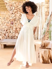 Cotton Traders Cream Crinkle Maxi Beach Dress - Image 1 of 4