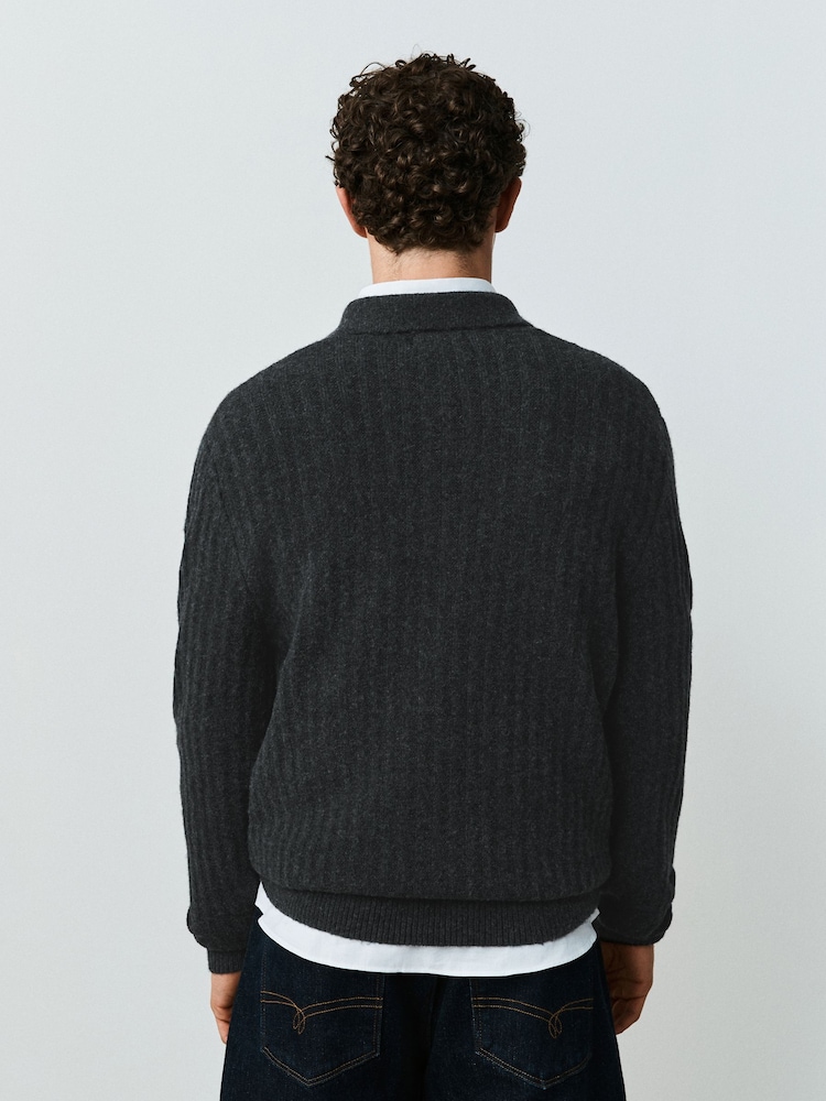 Charcoal Grey Cosy Knit Polo Shirt with Wool - Image 2 of 5 Charcoal Grey Cosy Knit Polo Shirt with Wool - Image 2 of 5