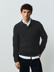 Charcoal Grey Cosy Knit Polo Shirt with Wool - Image 3 of 5
