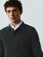 Charcoal Grey Cosy Knit Polo Shirt with Wool - Image 4 of 5