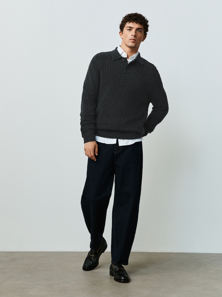 Charcoal Grey Cosy Knit Polo Shirt with Wool - Image 5 of 5 Charcoal Grey Cosy Knit Polo Shirt with Wool - Image 5 of 5